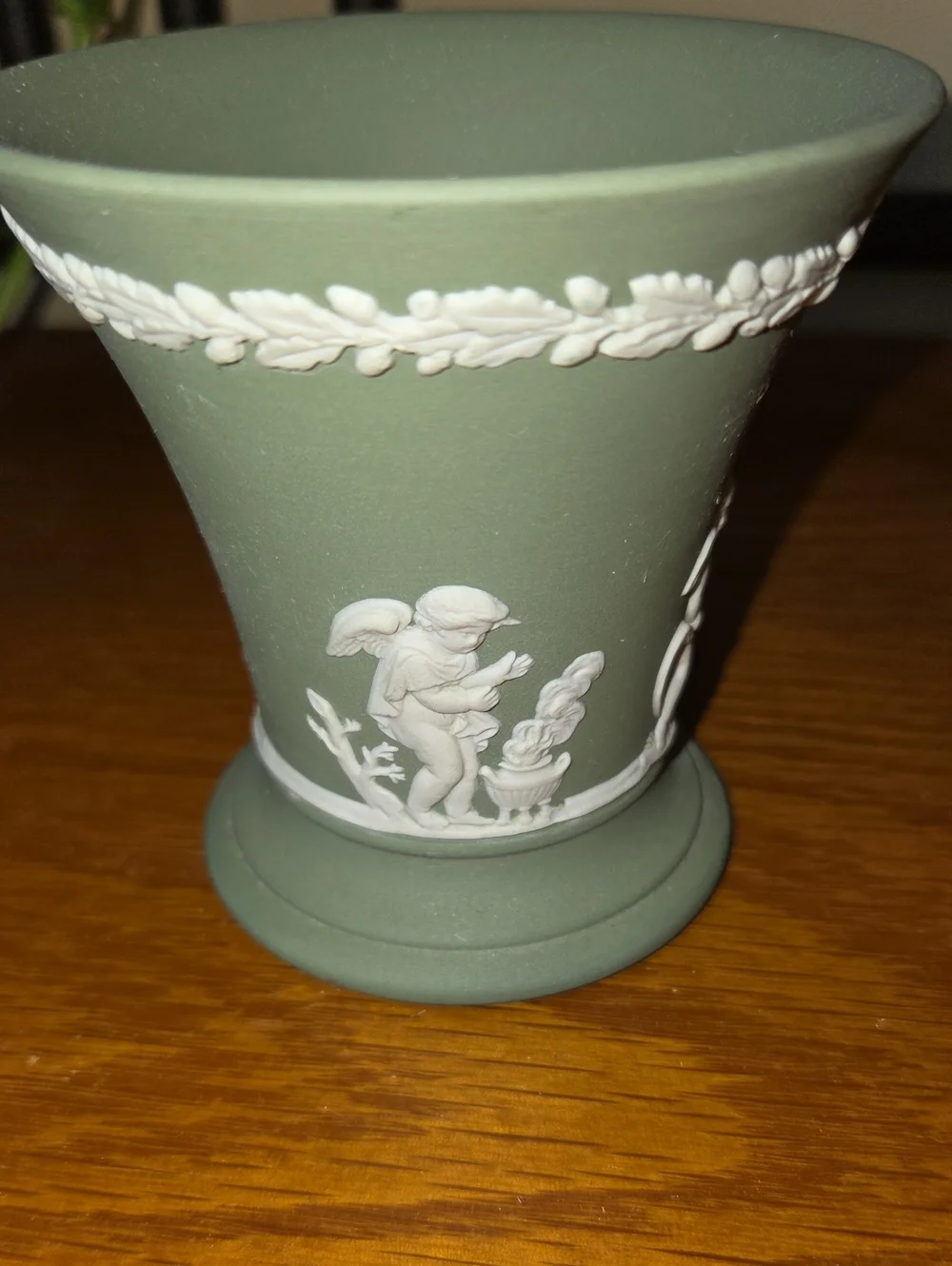 Vtg Wedgwood Green Jasperware Vase with White Classical Relief